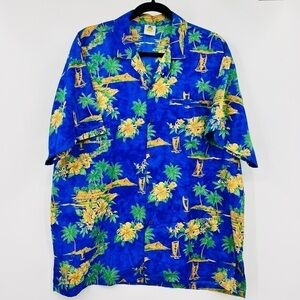 Rima Beachwear Hawaiian Island Blue Yellow Palm Tree Beach Shirt Terivoile L
